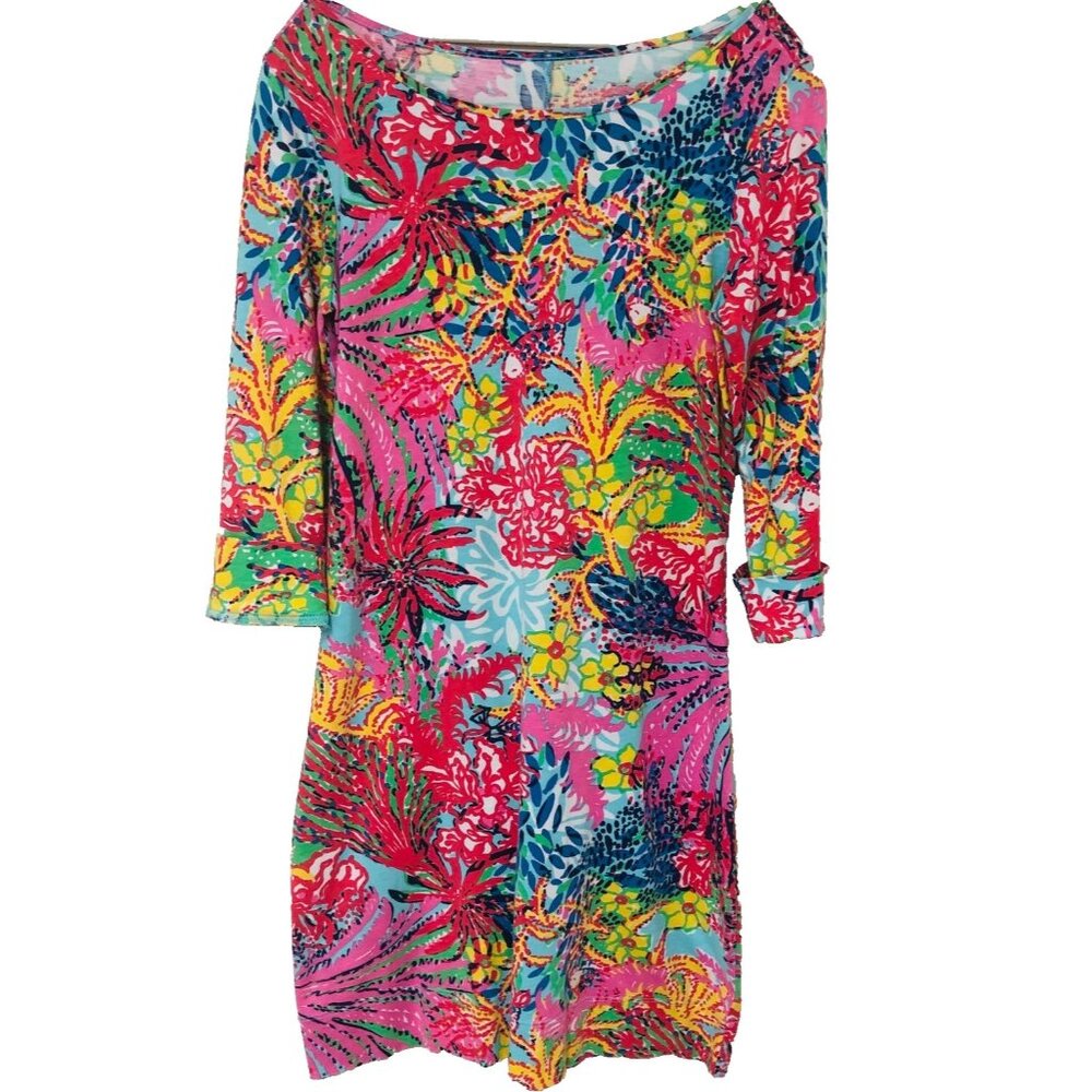 Lilly Pulitzer Womens Dress Mosaic Fish 3/4 Slv Cotton Sea Life Beach Coastal S